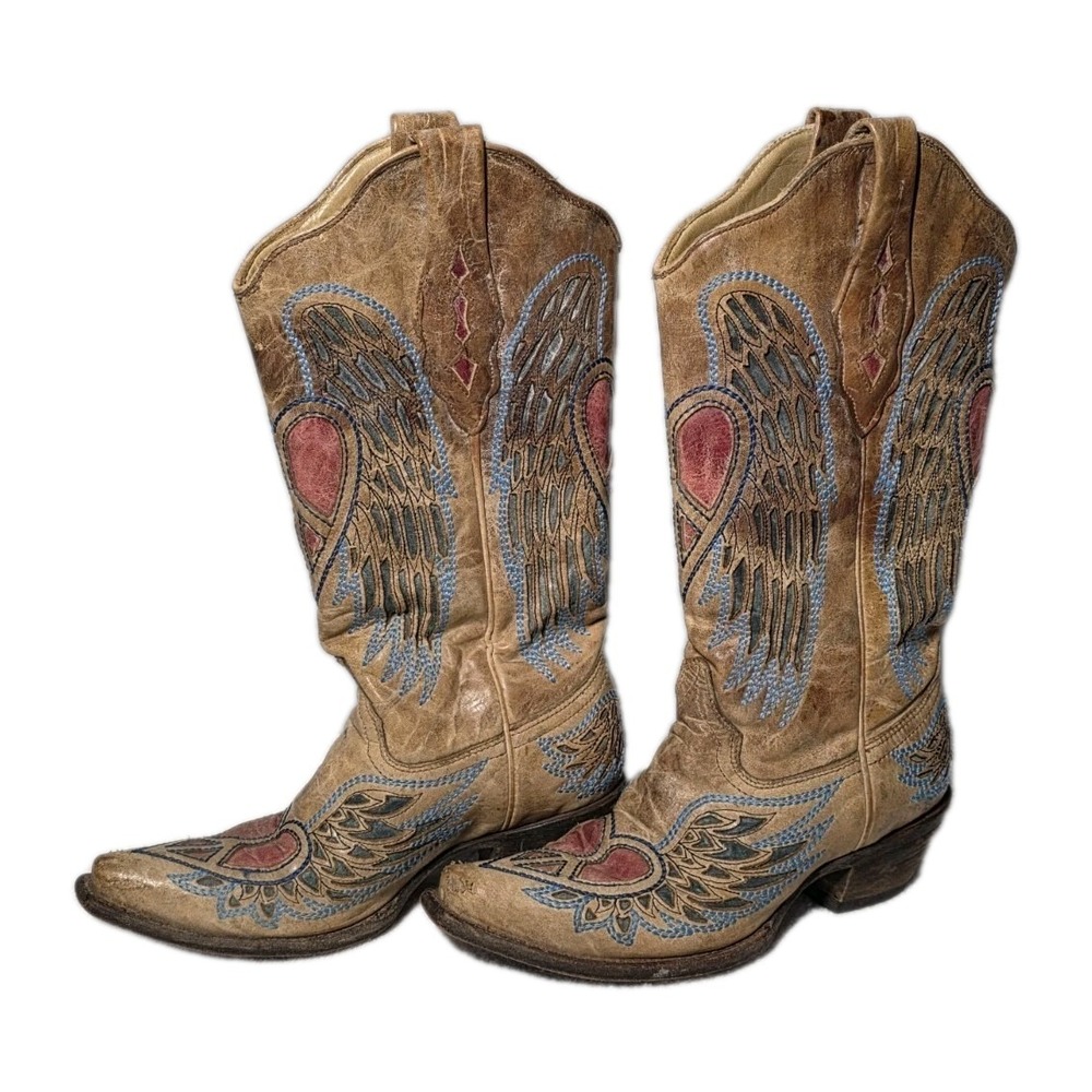 Corral Vintage Sz 6.5 M Fancy Heart Wings Peace Snip Toe Cowboy Western Boots - Picture 3 of 8